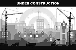 `Under construction` concept at building site in the city with detailed silhouettes of construction machines