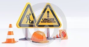 Under construction concept, Construction site, Road Barrier with Sign and Cones.