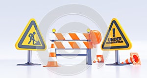 Under construction concept, Construction site, Road Barrier with Sign and Cones.