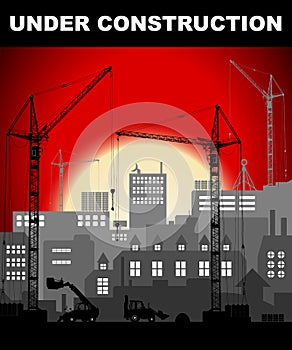 Under construction concept in industrial European vintage styled city under construction on bright red sunset