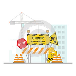 Under Construction Concept with stop, safety and traffic sign on