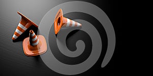 Under construction concept. Three traffic cones on black background, banner, copy space. 3d illustration