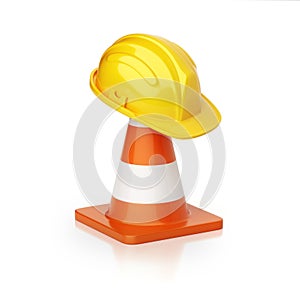 Under construction concept, traffic cone and hard hat, 3d rendering