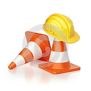 Under construction concept, traffic cones and hard hat, 3d rendering