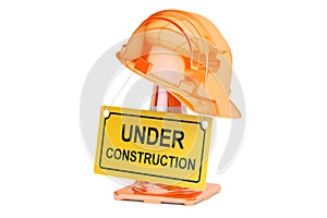 Under construction concept. Traffic cones, hardhat and roadsign