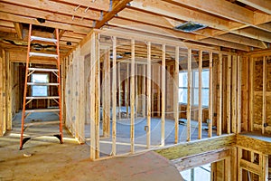 Under construction home framing interior view of house