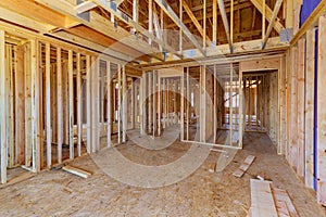 Under construction home framing interior view of house