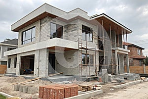 Under construction house with concrete block structure