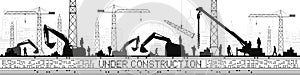 Under Construction illustration. Buildings panorama, industrial landscape, Constructional cranes and excavators, urban scene. Peop photo