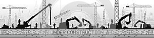 Under Construction illustration. Buildings panorama, industrial landscape, Constructional cranes and excavators, urban scene. Peop photo