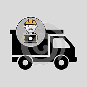 Under construction laptop worker dump truck