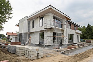 Under construction modern house with concrete bricks