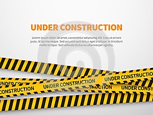 Under construction page. Caution yellow tape construct warning line background sign web page security caution photo