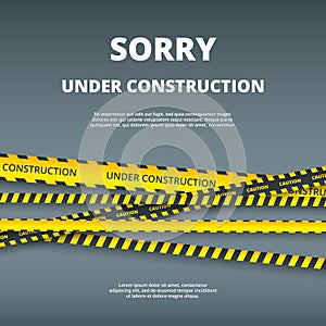 Under construction page. Web site design template with attention danger stripes security type vector ui template