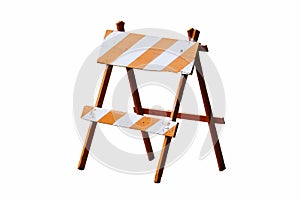 Under construction road block: orange white painted vintage wooden road block or barrier as wood frame barricade isolated photo