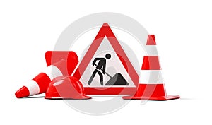 Under construction, road sign, traffic cones and red safety helmet, isolated on white background. 3D rendering