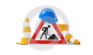 Under construction, road sign, traffic cones and safety helmet, isolated on white background. 3D rendering