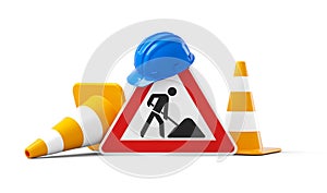 Under construction, road sign, traffic cones and safety helmet, isolated on white background. 3D rendering