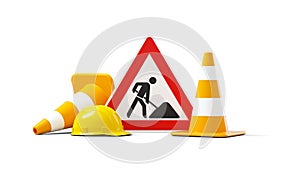 Under construction, road sign, traffic cones and safety helmet, isolated on white background. 3D rendering