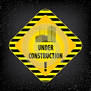 Under construction sign on black ground background. Vector illustration for website. Under construction rhombus with black and yel photo