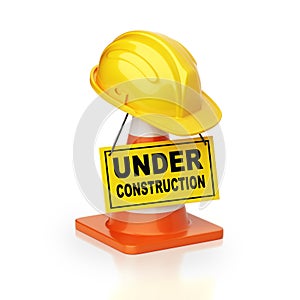 Under construction sign board, traffic cone and hard hat, 3d rendering