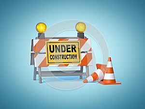 Under construction sign board and traffic cones, 3d rendering