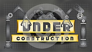 Under Construction sign decorated by black gears and cogs and black cranes