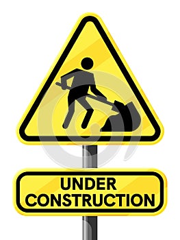 Under Construction Sign with Man Digging Ground.