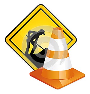 Under construction sign and traffic cone