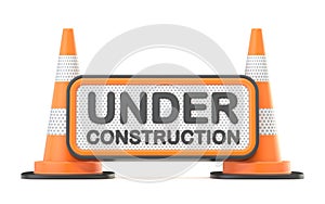 Under construction sign with traffic cones 3D