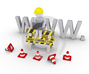 Under construction sign and worker in front of www letters