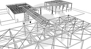 under construction site engineering architecture 3D illustration line sketch