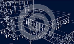 under construction site engineering with frame structure 3D illustration line