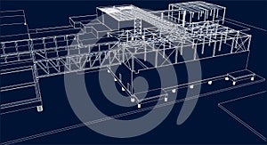 under construction site engineering with frame structure 3D illustration line drawing