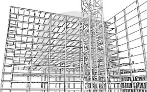 under construction site engineering with frame structure architecture 3D illustration line sketch