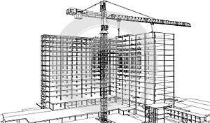 under construction site engineering with frame structure and tower crane 3D illustration line