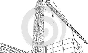 under construction site engineering with tower crane 3D illustration line