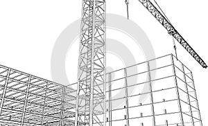 under construction site engineering with tower crane 3D illustration line