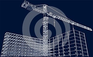 under construction site engineering tower crane 3D illustration line blueprint