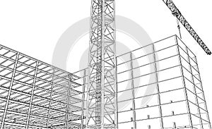 under construction site engineering with tower crane civil 3D illustration line