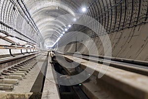 Under construction subway tunnel of reinforced concrete tubes