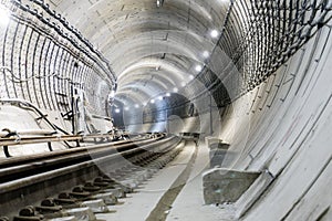 Under construction subway tunnel of reinforced concrete tubes