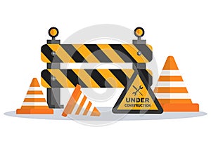 Under Construction With Symbol Worker Hold Stop or Road Sign, Tape Warning, Cone, Site Barrier. Background Vector Flat Cartoon