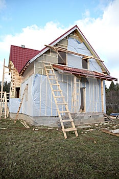 The under construction wooden house