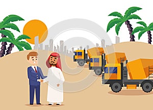 Under construsction, building agreement handshake vector illustration. Businessman partnership contract with arabian man