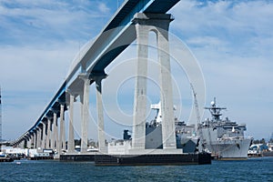 Under the Coronado Bay Bridge and navy ships