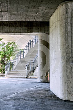 Under the highway, Urban city scene with stairs