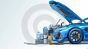 Under the hood of a blue sports car with tools. 3d rendering