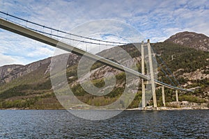 Under the Lysefjord Bridge, boat perspective. Oanes, Norway