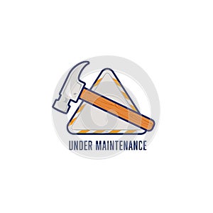 Under maintenance logo icon symbol sign with hammer illustration on triangle emblem badge signage